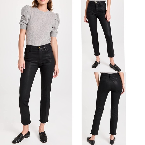 Frame High Rise Straight Coated  Stretchy Jeans in Noir Womens Size 29 - Picture 2 of 14